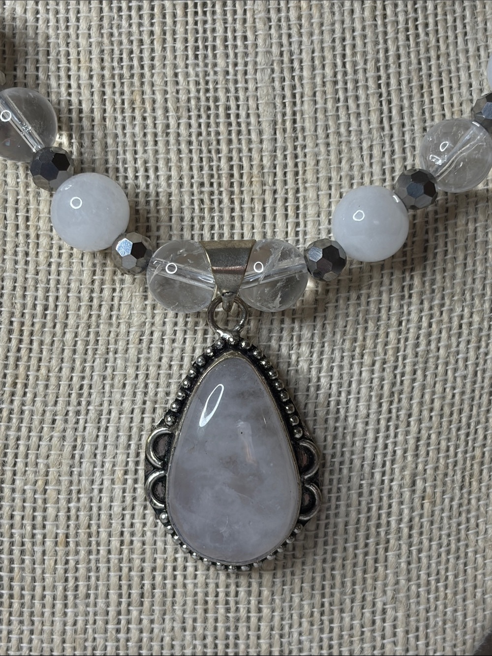 Handcrafted Clear Quartz and White Jade Necklace - Picture 2 of 6